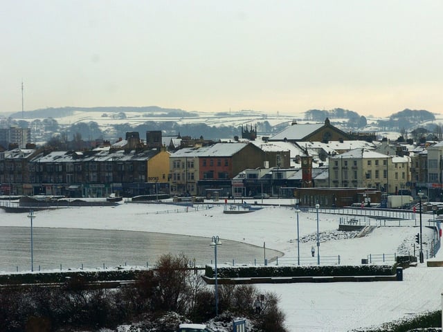 Snow on Morecambe promenade taken from the roof terrace of The Midland in 2009.