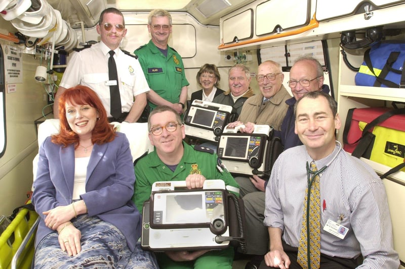 Three twelve lead ECG machines, used for diagnosing heart attacks, were handed over by the Friends of the Royal Lancaster Infirmary, Sheila Charnley, Richard Harrison, Drew Tennant and Ralph Squire, for use by the Lancashire Ambulance Service. The equipment was accepted by Accident and Emergency consultant Stuart Durham, paramedic Steve Price, technician Alan Middleton and Paul Bastow from the Lancashire Ambulance Service.