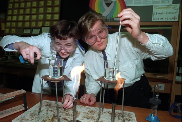 Pupils at Carr Hill High School carry out an experiment as part of the schools Science Week