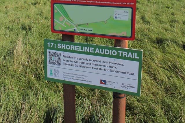 A Coastal Connections audio trail sign at Half Moon Bay. Picture from Morecambe Artist Colony.
