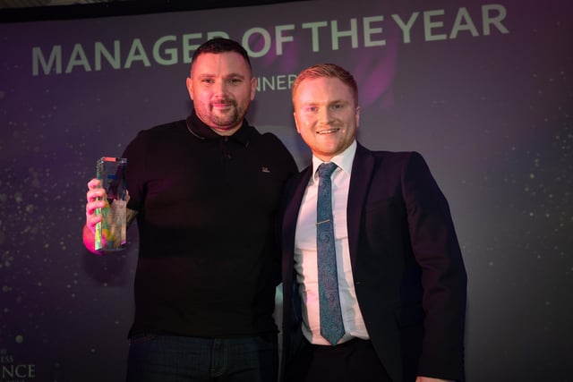 Manager of the Year Award winner Wayne Thornton of Uniform and Leisurewear Company (left) receives his award from  Morecambe Football Club CEO Ben Sadler. Runners-up were Claire Lloyd of Brew me Sunshine, Deenan Gillan from 3-1-5 X-Force and Jan Gomez of Positive Futures.