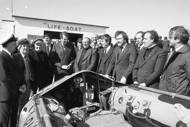 The Duke of Atholl (centre) chairman of the Royal National Lifeboat Institution, pictured meeting the men of Lytham lifeboat, on a visit to their boathouse