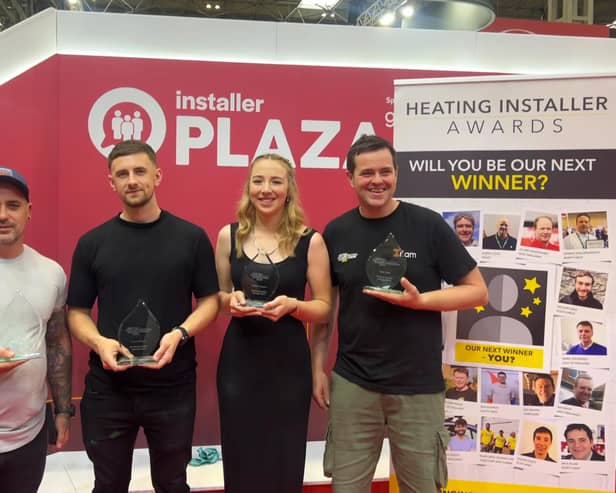 Winners at the Heating Installer Awards with their trophies. Pictured far right is Nick Irlam from Bolton-le-Sands who came runner up in the national awards.