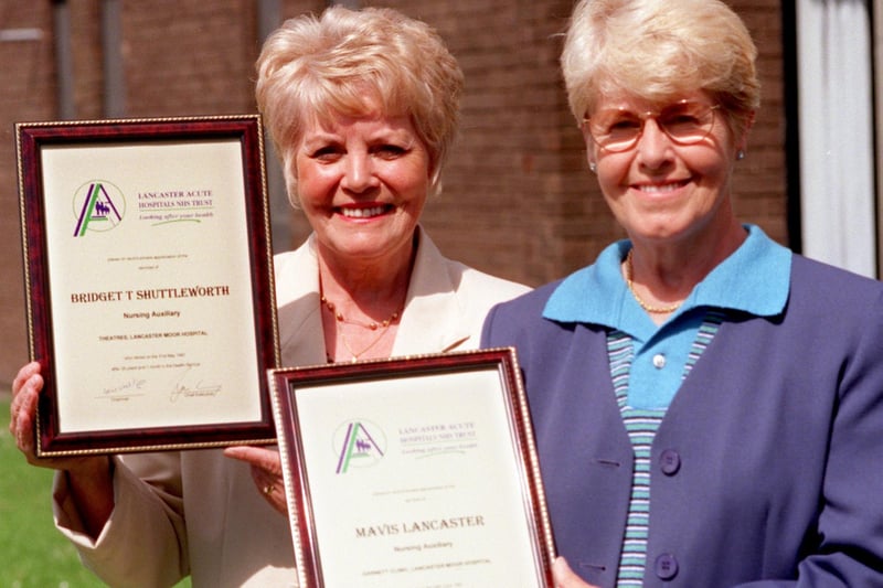 Nursing auxiliaries Bridget Shuttleworth and Mavis Lancaster who were presented with long service awards for their combined 57 years' service at Lancaster Moor Hospital.