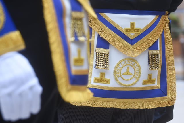 A close-up on the ceremonial aprons that the Freemasons wear for their meetings