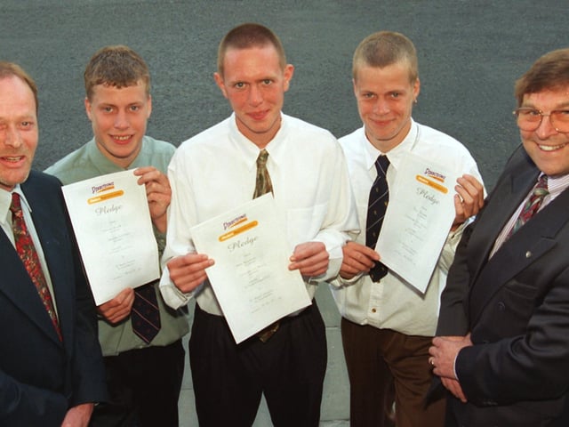 Kevin Backhouse with Nicholas and Paul Bowker, who received their modern apprenticeship pledges at Lancaster Town Hall, with chairman of the DSO MGT board, Coun Charles Grattan and Lancaster and Morecambe Lawtec area manager, Arthur Parsons.