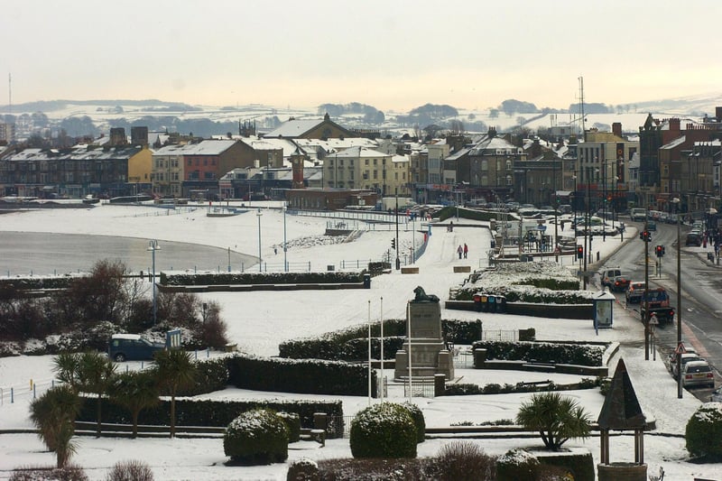 Snow on Morecambe promenade taken from the roof terrace of The Midland.