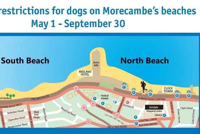 A diagram showing the two beaches dogs are banned from in Morecambe until September. Picture from Lancaster City Council.