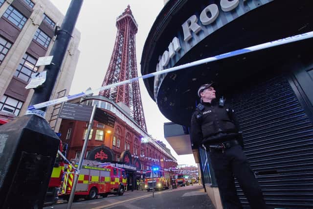Police and firefighters at the scene after they were called to a blaze at Blackpool Tower. Lancashire Fire and Rescue Service said it had six fire engines in attendance on the promenade.
