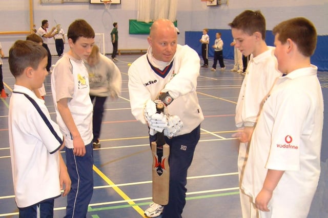 Bobby Denning from Lancashire County Cricket Club gives James Gregson, Tom Fail, Joe Hibberton and Ben Breakell a lesson. The event was promoted by Fleetwood Community Sports Group who provide half-term coaching for kids