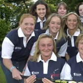 Lytham Ladies Hockey Club were set to pose nude for a fundraising calendar following their promotion. The girls practice a pose - 'We'll have to hold the hockey stick like this'