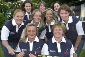 Lytham Ladies Hockey Club were set to pose nude for a fundraising calendar following their promotion. The girls practice a pose - 'We'll have to hold the hockey stick like this'