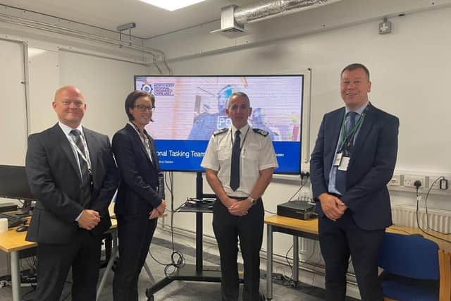 Lancashire Police Chief Constable Chris Rowley ACC Jo Edwards (NWROCU) Detective Chief Superintendent Ian Whitehead (NWROCU) Detective Superintendent Paul Denn (NWROCU) at the new Lancaster base for the serious and organised crime unit.