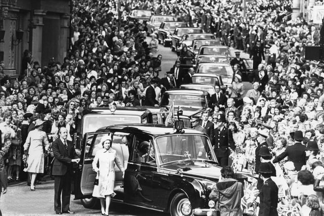 A spectacular shot of the Queen on a visit to Lancaster. The shot is believed to be of Meeting House Lane with the King's Arms building on the left.