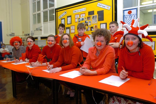 Teachers from Skerton Primary School, Lancaster, including acting head Diane Sheron (right) with Louise Husband, Laura Devey, Jennifer Lee, Cressida Graves and Wendy Smillie, took part in a spelling test set by pupils in aid of Comic Relief, back in 2009.
