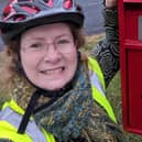Coun Mandy Bannon with the newly replaced postbox in Coolidge Avenue.