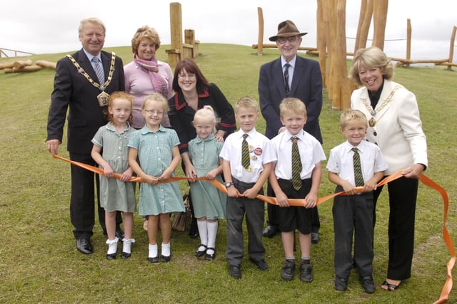 Opening of new natural play area in Fleetwood.  Pictured are pupils from Shakespeare School with Mayor Russell Forsyth, Coun Lynne Bowen, Coun Denise Minto, Coun Mark Hamer and Christine Forsyth