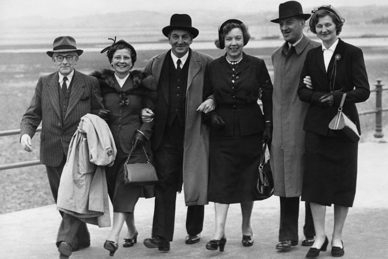 Delegates walking along the Promenade during the Labour Party Conference at Morecambe in September 1952. From left: Wilfrid Burke, MP for Burnley; Peggy Herbison (1907 - 1996), MP for North Lanarkshire; Jim Griffiths, MP for Llanelli; Alice Bacon, MP for Leeds North East; Percy Knight and Mrs Sam Watson.