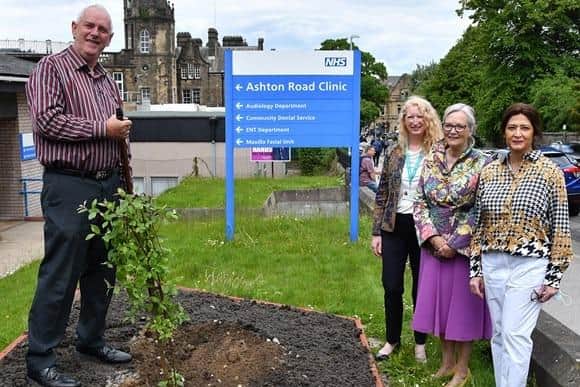 Steve Trainor planting the tree with (from left) University Hospitals of Morecambe Bay NHS Foundation Trust Non-Executive Director, Sarah Rees; Mayor of Lancaster, Coun Joyce Pritchard, and ENT Consultant, Ms Shadaba Ahmed.