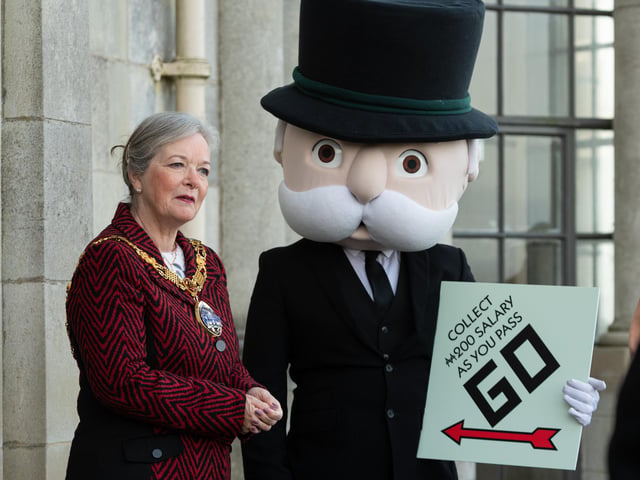 The Mayor of Lancaster Coun Joyce Pritchard with Mr Monopoly at the launch event of Lancaster's version of Monopoly.