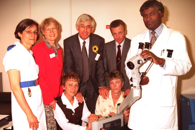 The Royal Lancaster Infirmary receives a state of the art Colposcope which was donated to the gynaecology department by Wilf and Sue Ford in memory of their daughter Lita. Also pictured are Susan Heyes who instigated the fundraising, associate specialist Mike Maherdran (right), infirmary financial director John Dempsey, gynaecology senior nurse Bertha Martin and staff nurse Isabel Adams.