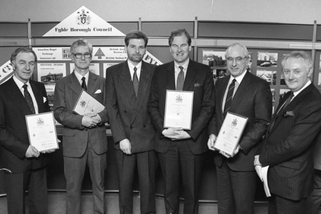 The splendour of many buildings along the Fylde was honoured at the annual Civic Conservation Awards. Dignitaries and businessmen gathered at Lytham Hall for the ceremony, hosted by the Guardian Royal Exchange and sponsored by British Nuclear Fuels Ltd and British Aerospace. Pictured are some of the winners with their certificates. Left to right: Ralph Dickinson, Sandy Burns, John Booth, Nigel Bankes, Bill Bentley and Ron Gilman