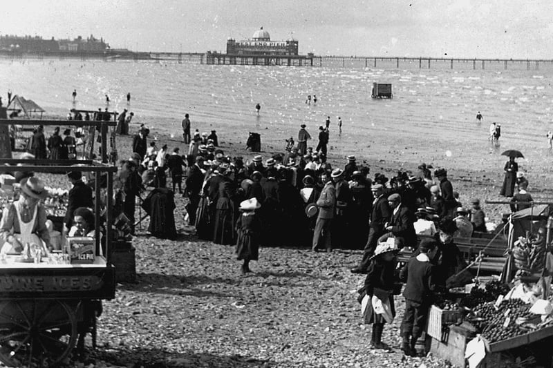Morecambe sands with the West End Pier in the background in 1900. Local traders made the most of the crowds of visitors enjoying some of the town's growing attractions