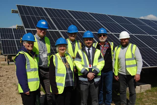 From left: Coun Caroline Jackson, leader of Lancaster City Council; Mark Davies, chief executive; Margaret Greenall, Mayoress of Lancaster; Coun Mike Greenall, Mayor of Lancaster; Elliott Grimshaw, project lead; Coun Kevin Frea, deputy leader and cabinet member with responsibility for climate action and James Gough, North West Solar Ltd.