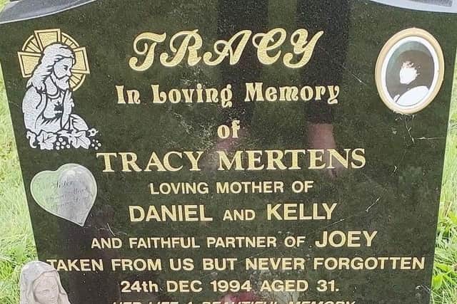 Tracy Mertens headstone. Photo released April 4 2024. The daughter of a murder victim says shes still looking for justice 30 years on - and her life has been wrecked by the crime. Kelly Hill, 40, was just 11 when her mum, Tracy Mertens, 30, was killed in Congleton, Cheshire, on December 23, 1994. In a vicious attack, the mum-of-two was abducted, set on fire and left to die. She suffered burns on 96 per cent of her body - and died in hospital on Christmas Eve, 12 hours later. Photo courtesy of Kelly Hill SWNS.