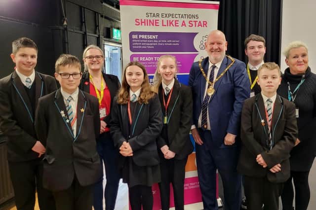 Students at Bay Leadership Academy with County Councillor Lizzi Collinge (third from left), County Councillor Chair Alan Cullens (fourth from right) and County, City and Town Councillor Margaret Pattison (right).