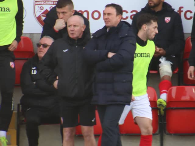 Morecambe manager Derek Adams saw his players concede five goals at Shrewsbury Town on Tuesday evening