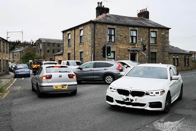 Traffic congestion at the crossroads in Galgate, leading into Salford Road.