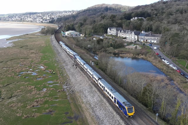 Aerial image of the derailed train in Grange-over-Sands.