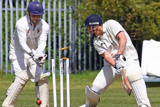 Morecambe's Gareth Pedder is bowled by Anthony Ellison during their weekend defeat against Thornton Cleveleys Picture: Tony North