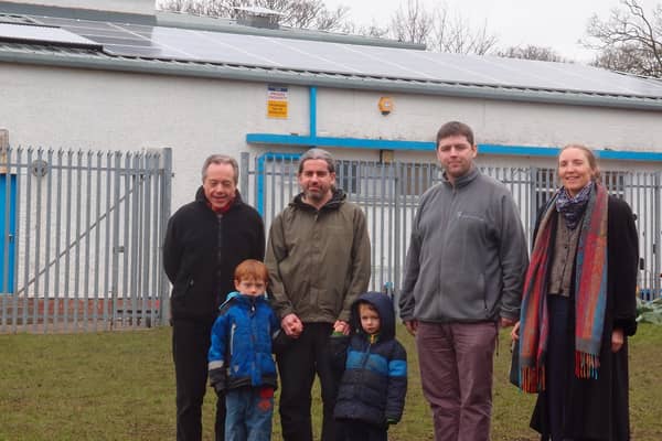 From left: Tim Hamilton-Cox (trustee of Boys and Girls Club), local councillor Dave Brookes with children River and Zac, Steven Naylor (centre manager), and Anne Chapman (MORE Renewables) shortly after installation of the solar panels.