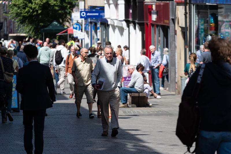 A busy Lancaster city centre in this week's sunshine.