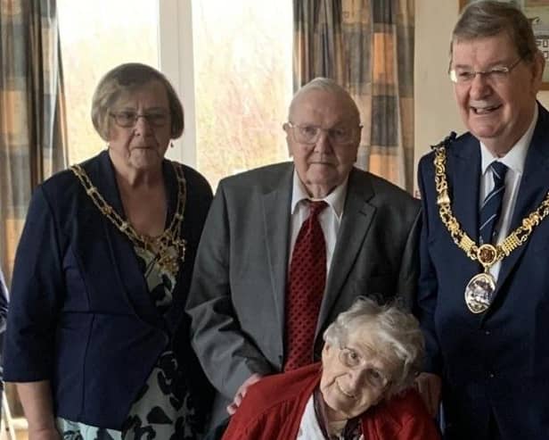 William Howson with wife, Edith and the Mayor and Mayoress of Lancaster. Photo by Geoff Howson.