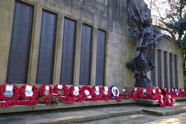 Wreaths adorning Lancaster War Memorial.