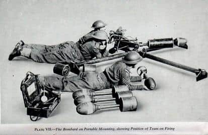 The Blacker Bombard was a spigot weapon. Picture is of the bombard on portable mounting, showing position of team on firing.