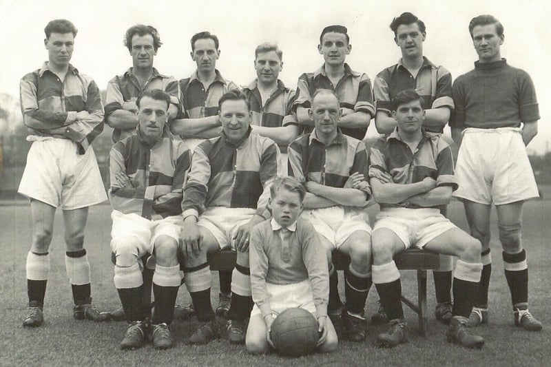 Bolton-le-Sands 1956-57, April 1957, Giant Axe. Back row from left: Norman Wilson, R Brown, Cecil Foxcroft, B Rotherham, Geoff ?, ??, Alan Shaw. Front row from left: Fred Cavell, Alan Winner, ??, Henry McGaffigan, ??.