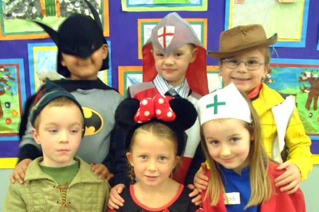 Arfaan Siddique, Jordan Green, Jonathan Lee, James Welch, Kennedy Taylor and Emma Pook - all dressed up for World Book Day at Fleetwoord's Rossall School in 2003