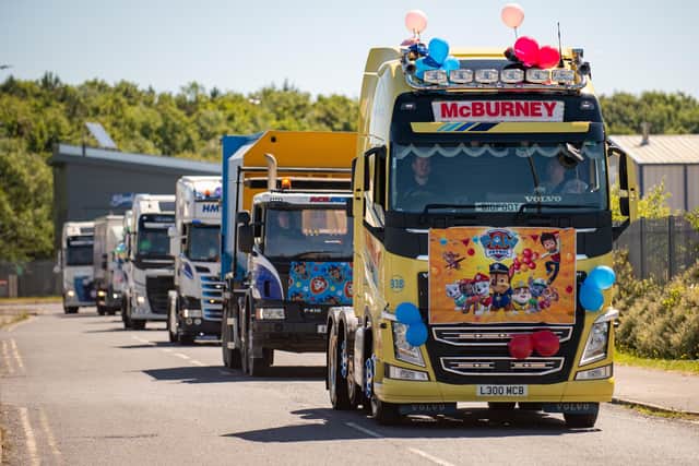 Second Paw Patrol convoy for Heysham explosion victim George Hinds - HGV's with Paw Patrol flags and toys set off from Heysham and travelled to Happy Mount Park in Morecambe - 10.07.2022. Picture by Anthony Farran.
