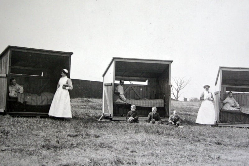 This picture, taken in 1910, shows TB patients being treated in outdoor cubicles at Heysham Sanitorium. Lancaster also had an isolation hospital on the Marsh.