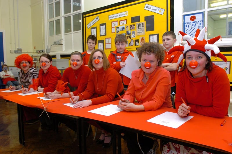 Teachers from Skerton Primary School, acting head Diane Sheron, (right) with Louise Husband, Laura Devey, Jennifer Lee, Cressida Graves and Wendy Smillie, who took part in a spelling test set by pupils in aid of Comic Relief in 2009.