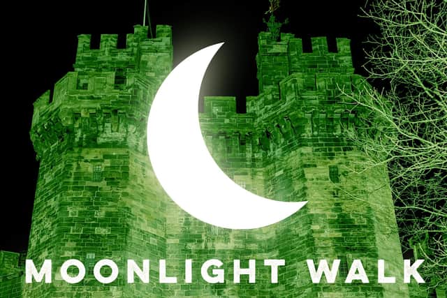 Lancaster Castle in green for St John's Hospice Moonlight Walk.