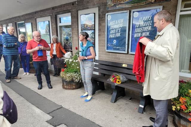The unveiling of the memorial bench for David Alder at Bentham railway station.