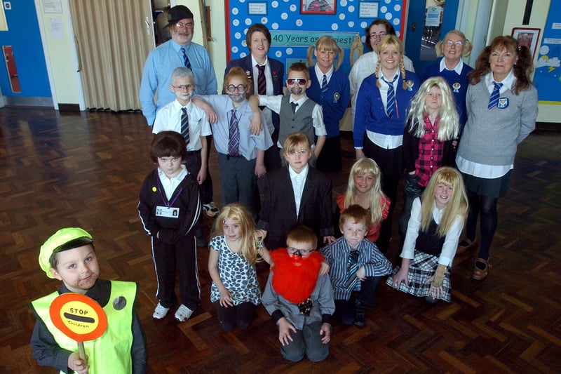 Pupils dressed as staff and members of staff dressed as pupils for Red Nose Day at Our Lady of Lourdes Primary School in Carnforth.