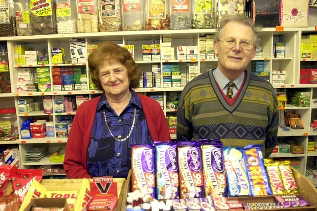 Heysham Village Vox Pop. Stephen and Lorraine Wilkinson in the popular newsagents and sweet shop in the village. (2004).