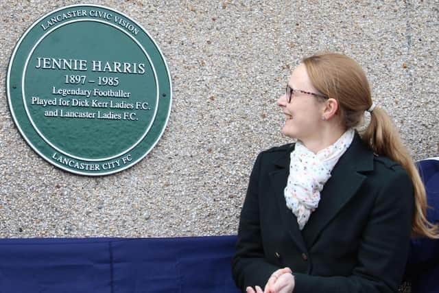 Lancaster MP, Cat Smith at the unveiling of a plaque to footballer, Jennie Harris at Giant Axe where the new tours begin
