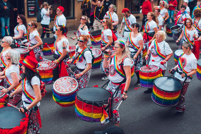 Drummers take part in the Pride parade. Photo by Tom Morbey